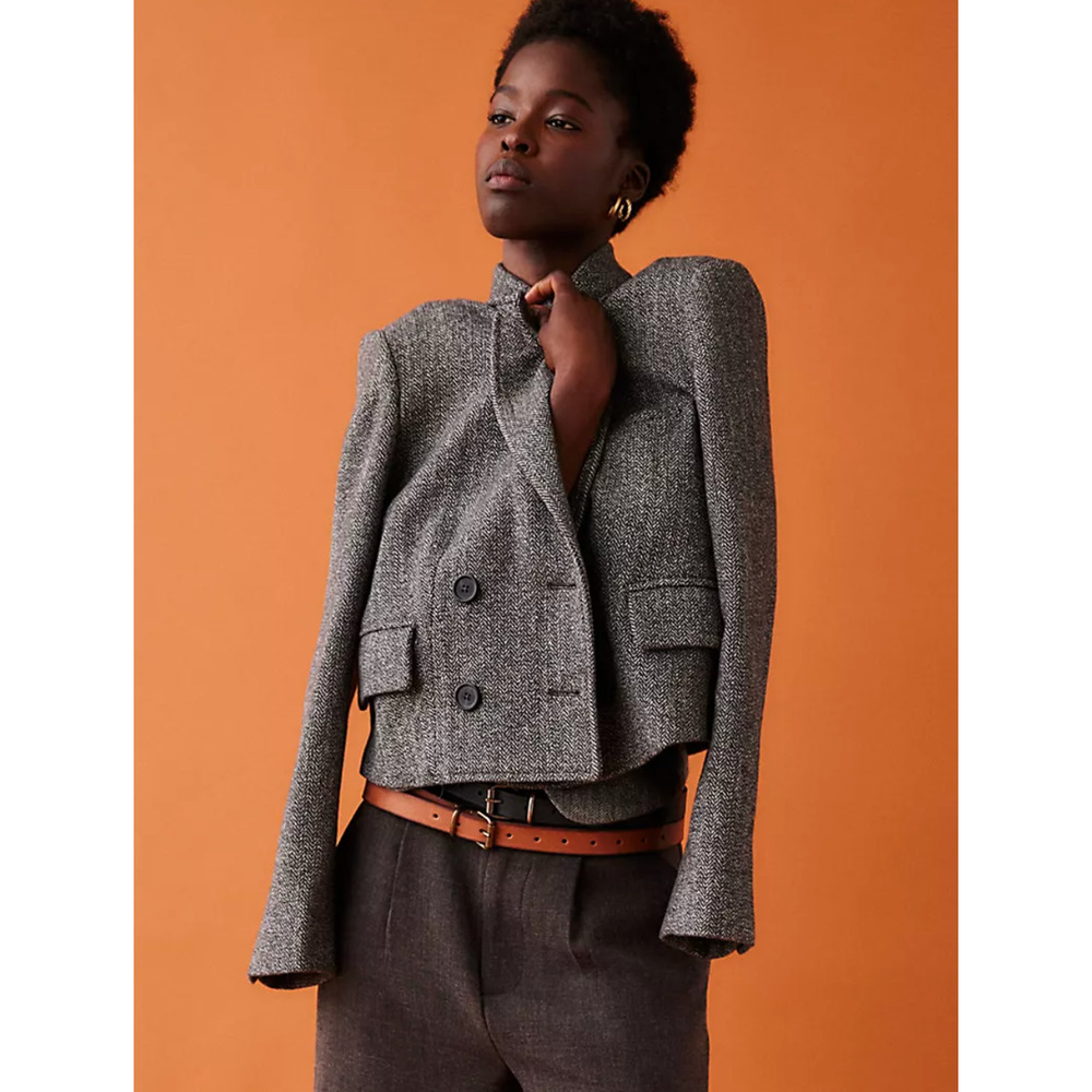 NEW FREE PEOPLE GREY COMBO HERRINGBONE TAILORED HERITAGE BLAZER JACKET COAT SZ L